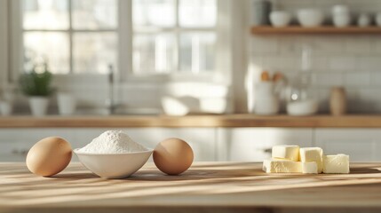 Aufkleber - Ingredients arranged on wooden kitchen counter for baking preparation in bright home kitchen. Generative AI