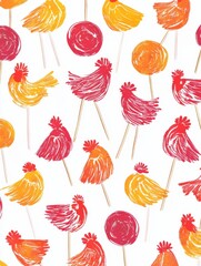 Leinwandbilder - Vibrant doodle of rooster shaped lollipops in colorful patterns with space for custom text and design elements. Generative AI