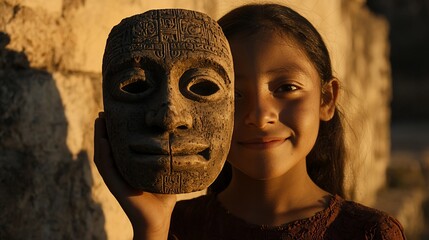 Girl holding ancient Mayan mask at sunset.