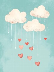 Leinwandbilder - Whimsical hand drawn Valentines Day design featuring clouds and falling hearts perfect for heartfelt messages. Generative AI