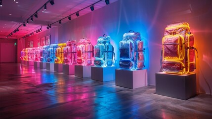 Wall Mural - conceptualize a neon exhibit of adventure symbols, featuring shining backpacks