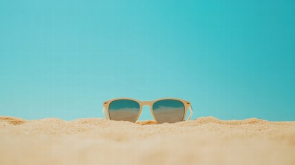 Poster - Bright sunny day on the beach with stylish sunglasses resting on soft sand beneath a clear blue sky. Generative AI