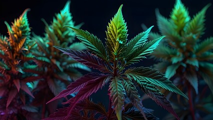 Wall Mural - Neon marijuana leaves close up shiny leaves of flowering cannabis bushes Generative AI