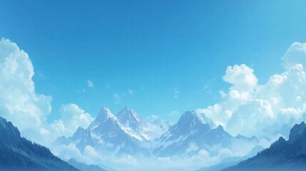 Poster - Majestic mountain peaks rise under a clear blue sky with fluffy white clouds and ample space for text or design elements. Generative AI