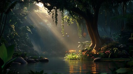 Poster - Sunbeams illuminate a lush, tranquil jungle river scene.