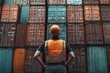 © Lens Legacy - The back view of a worker in safety gear facing tall stacks of cargo containers, highlighting the scale and complexity of modern shipping and trade operations.