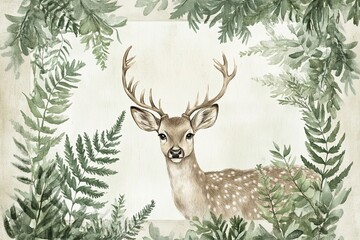 Sticker - A Watercolor Deer Framed by Lush Green Ferns