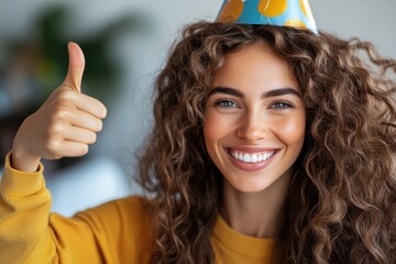 Wall Mural - A cheerful woman with curly hair, wearing a bright polka dot party hat and a warm sweater, exudes positivity and light-hearted fun at the celebration.