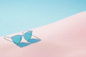 Poster - Stylish sunglasses resting on soft pink sand under a clear blue sky, perfect for summer vibes. Generative AI
