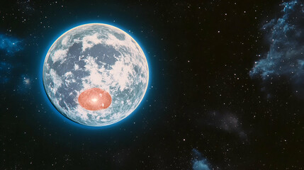 Wall Mural - cosmic wonder, planet with glowing core, orbiting in a starry nebula. celestial body exhibits lumino