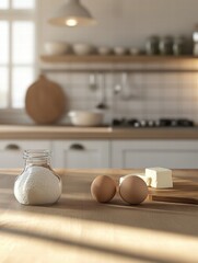 Poster - Ingredients for baking laid out on a wooden kitchen counter with ample copy space for creativity. Generative AI