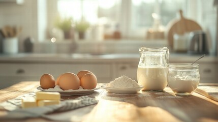 Aufkleber - Ingredients arranged on a wooden counter in a bright kitchen, perfect for baking fresh pastries and treats. Generative AI