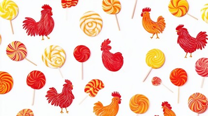 Aufkleber - Vibrant rooster shaped lollipops on a bright surface with ample copy space for creative designs. Generative AI