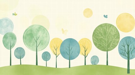 Aufkleber - Naive art style landscape with trees, gentle hills, and cheerful sun shining in the sky for creative blank space. Generative AI
