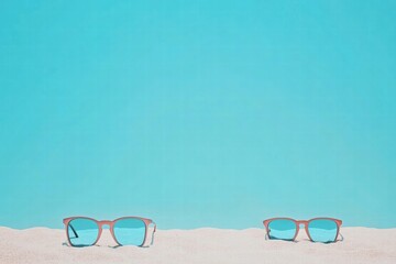 Poster - Relaxing beach scene with stylish sunglasses on soft white sand and clear blue sky inviting relaxation and leisure time. Generative AI