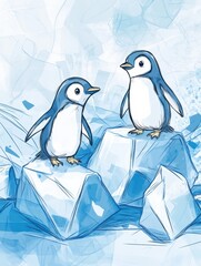 Poster - Playful penguins interact on floating icebergs depicting a whimsical winter wonderland for creative projects. Generative AI