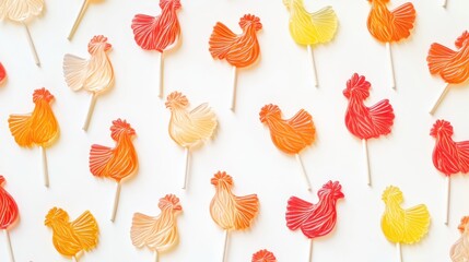 Aufkleber - Vibrant rooster shaped lollipops in various colors create a playful display for creativity and candy lovers. Generative AI
