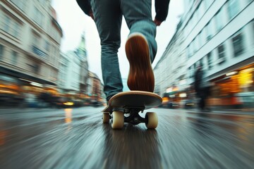 A close-up image of a skateboarder's foot as they ride through the bustling city streets, highlighting movement, modernity, and the vibrant urban atmosphere.