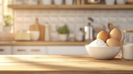 Poster - Ingredients on a wooden kitchen counter ready for baking pastries and desserts in a cozy kitchen setting. Generative AI