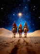 © LiliGraphie - Three Wise Men traveling on camels. Three Kings on camels under the Star of Bethlehem. Biblical Christmas and Epiphany scene in desert night illustration.