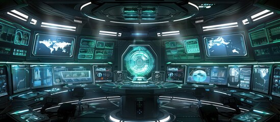 Wall Mural - futuristic control room with holographic display and multiple monitors showing data, maps, and graph