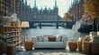 © DARIKA - A spacious room with a sofa, floor lamp, and books on shelves, overlooking the historic Speicherstadt district of Hamburg, beautifully rendered in 3D with a warm, welcoming ambiance.