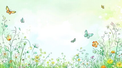 Poster - Colorful meadow teeming with vibrant flowers and playful butterflies under a bright blue sky. Generative AI