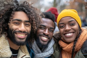 Wall Mural - Portrait of a group of smiling african american friends outdoors