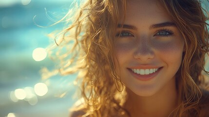 A smiling young woman with curly hair and clear skin, radiating confidence and beauty, captured in a joyful moment with a bright, natural expression.