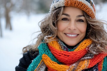 Wall Mural - Joyful woman braving winter chill, wrapped in colorful scarf, radiating warmth and happiness in a snowy landscape