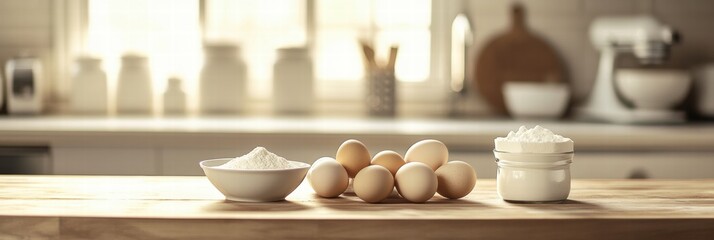 Poster - Ingredients for baking displayed on a wooden kitchen counter with room for recipes or text. Generative AI