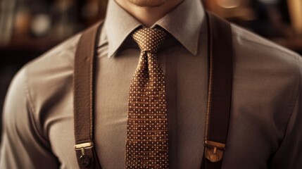 Elegant man in a tailored shirt featuring suspenders and a stylish tie that combines traditional and modern fashion elements in a sophisticated setting