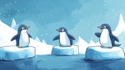Poster - Playful penguins enjoying a fun time on floating icebergs in a serene arctic landscape with ample space for text. Generative AI