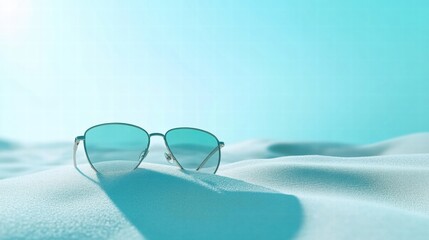 Aufkleber - Sunglasses resting on smooth sand with bright sunlight creating a tranquil beach atmosphere for summer relaxation. Generative AI