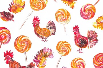 Aufkleber - Vibrant rooster shaped lollipops in a playful doodle style with ample text space. Generative AI