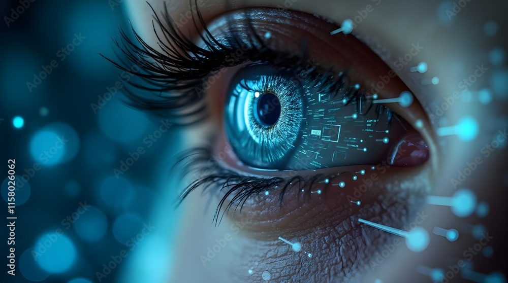 The image shows a close-up of an eye with a futuristic, digital theme ...