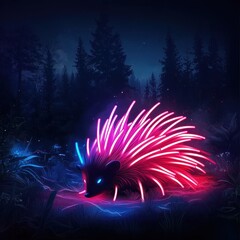 Wall Mural - A bold neon hedgehog glowing on a radiant forest floor, its spines highlighted in vibrant orange and cyan, with faint glowing particles and swirling mist creating a playful vibe. 