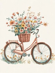 Aufkleber - Vintage bicycle with a basket full of colorful spring flowers in a simple and charming design for various uses. Generative AI