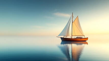Wall Mural - a beautifully crafted wooden sailing boat on a calm ocean, with the sails gently billowing in the wi