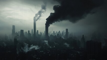 Poster - Industrial chimneys release thick black smoke into overcast sky above city skyline during gloomy weather conditions. Generative AI