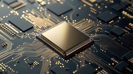 Poster - High-Tech Electronic Circuit Board Featuring a Central Processor Chip with Intricate Gold Connections and Modern Digital Design Elements