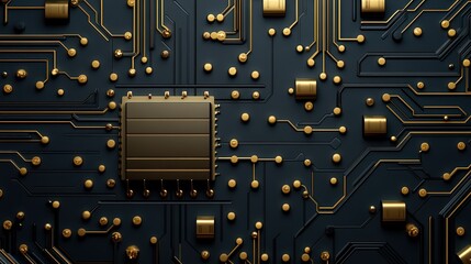 Poster - Detailed Close-Up of an Intricate Circuit Board with a Central Microchip Surrounded by Golden Connectors and Circuit Paths on a Dark Background