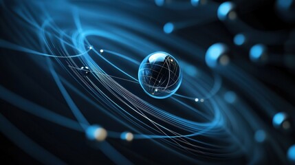 Fototapete - Abstract representation of a futuristic atom model with glowing particles and dynamic energy flows in a dark background, symbolizing technology and science concepts.