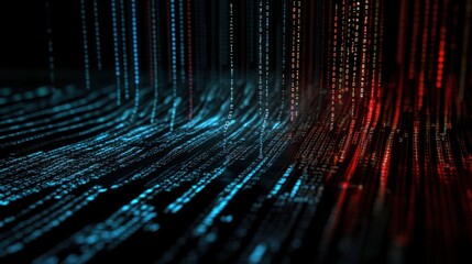 Aufkleber - Abstract representation of digital data streams flowing in a dark environment, showcasing glowing blue and red binary code illuminated in a mesmerizing pattern