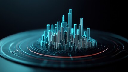 Poster - Futuristic Cityscape Visualization in Neon Colors, Abstract Digital Design with 3D Buildings and Geometric Patterns for Technology and Innovation Themes