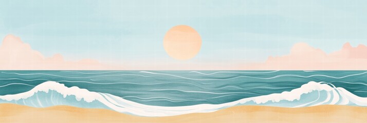 Aufkleber - Vibrant naive art style background featuring a tranquil beach scene with waves and a sunset. Generative AI