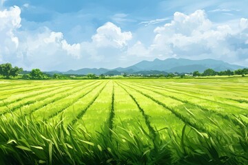 A fertile rice field under a clear blue sky with orderly green rows extending to the horizon