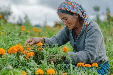 Wall Mural - A female farmer collects marigold flowers for drying and tincture preparation