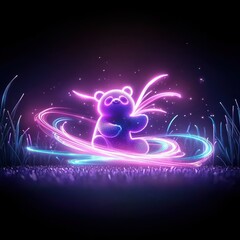 Wall Mural - A radiant neon panda sitting among glowing bamboo stalks, its body outlined in vibrant purple and cyan, with swirling light trails and faint glowing particles creating a serene scene. 