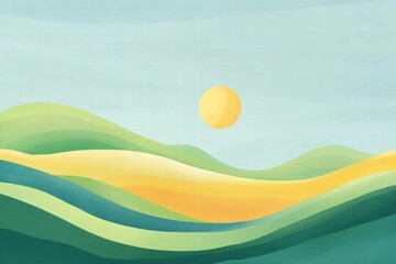 Aufkleber - Sunrise over rolling hills in naive art style with ample space for text and creative mock up ideas. Generative AI